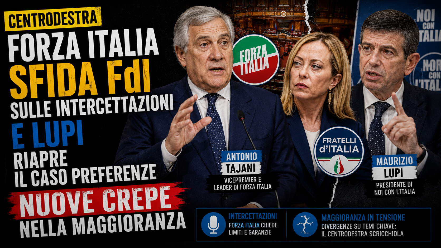 Centrodestra, Forza Italia sfida FdI sulle intercettazioni e Lupi riapre il caso preferenze: nuove crepe nella maggioranza