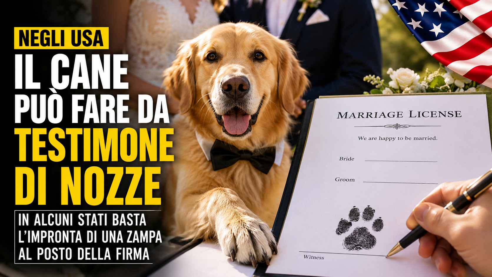 Negli Usa il cane può fare da testimone di nozze: in alcuni Stati basta l’impronta di una zampa al posto della firma