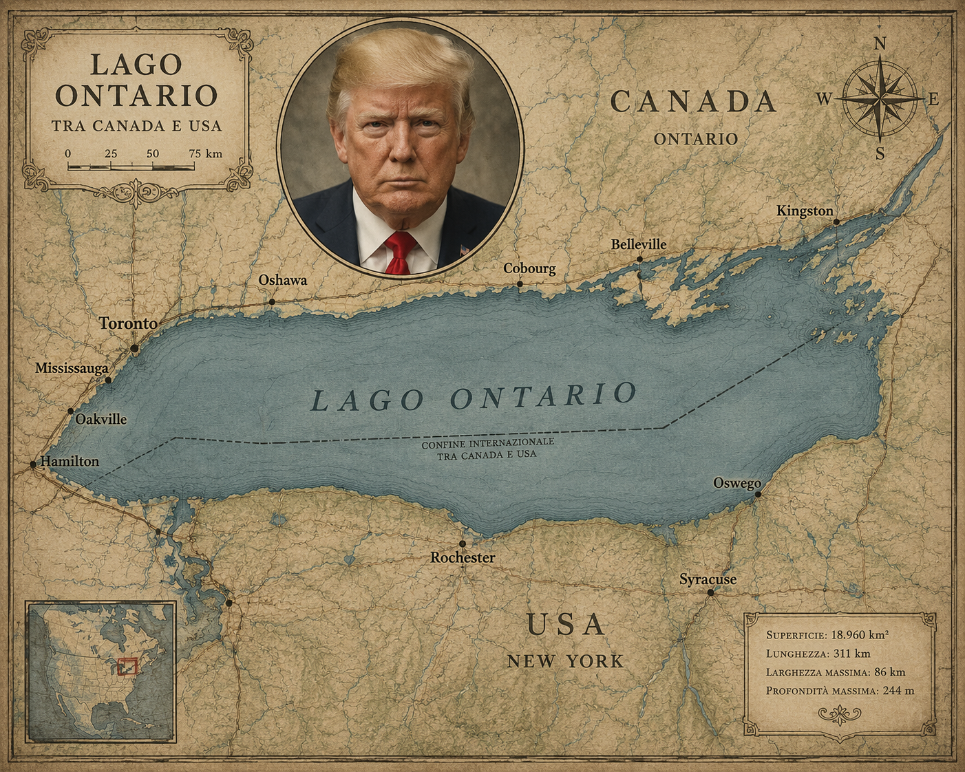 Tensione USA-Canada, Trump cambia nome al Lago Ontario: “Ora si chiama Lago America”