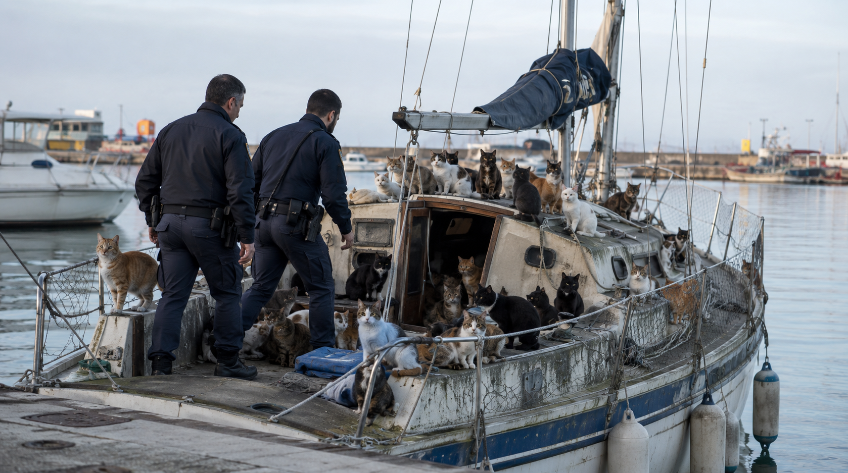 Il mistero della barca alla deriva: la polizia sale a bordo e trova 30 gatti, ma del proprietario non c’è traccia