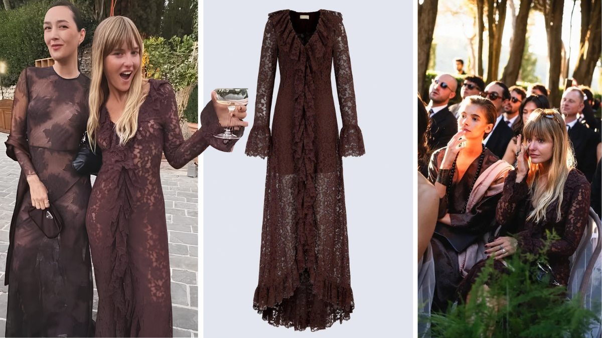 Victoria De Angelis alle nozze di Damiano David con Luna Passos: look coordinato in marrone, pizzo trasparente e abito da 790 euro