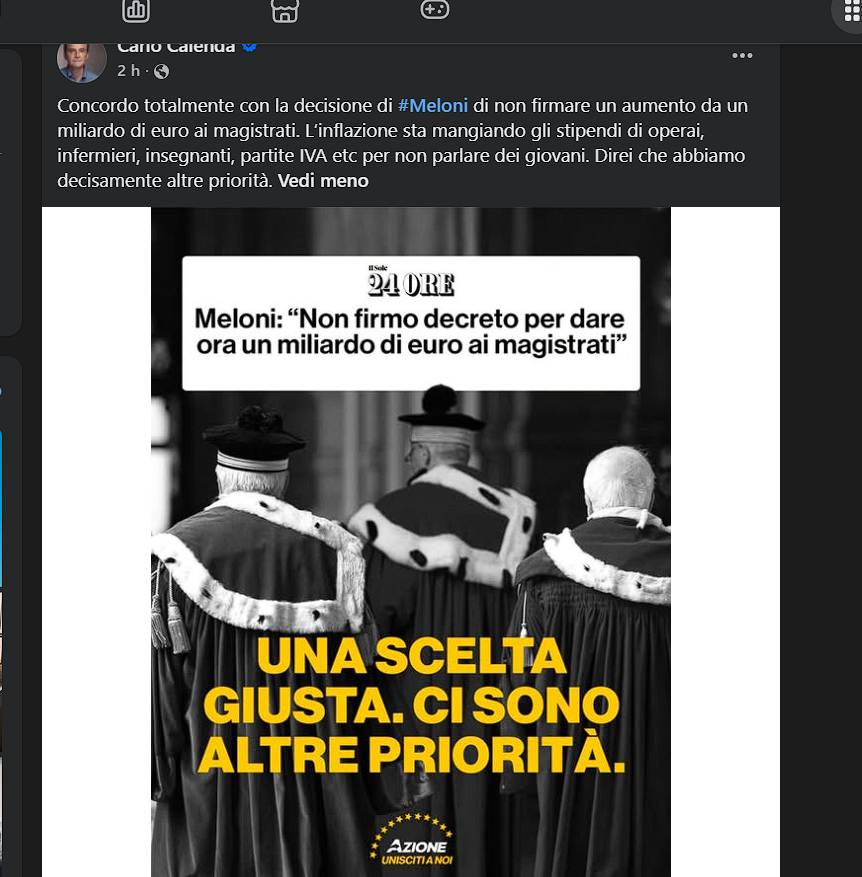 Post di Carlo Calenda che condivide la grafica di Azione: «Una scelta giusta. Ci sono altre priorità».